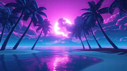 Sticker - tropical island with palm trees vaporwave