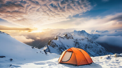 orange tent in winter mountains skies standing in snow with a majestic view of a slope for skiing in