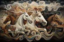A Painting Of Horses Running On The Dirt Under A Dark Sky, Style Of Light White