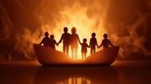 Family Silhouettes Family With Children Together On A Boat On A Black Background With Place For Text.Life Insurance Concept. 