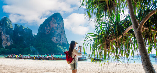 Wall Mural - Traveler woman on vacation beach joy panoramic nature view scenic landscape Lailay beach Krabi, Attraction famous place tourist travel Phuket Thailand summer holiday trips, Beautiful destination Asia