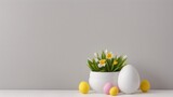 Fototapeta Storczyk - A Vase With Flowers And Easter Eggs On A Table