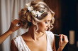 canvas print picture - Hairdresser making an elegant hairstyle styling bride with white flowers in her hair