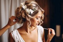 Hairdresser Making An Elegant Hairstyle Styling Bride With White Flowers In Her Hair