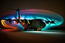 An Amazing Military Plane Illuminated With Vibrant Lights. Generative AI