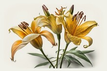 Three Yellow Lilies Painted On White Background. Generative AI