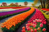 Fototapeta Tulipany - Vibrant tulip garden with rows of colorful flowers in full bloom. Generative AI