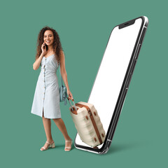 Sticker - Young African-American woman with suitcase and big mobile phone on green background