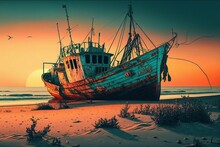 Colorful Retro Fishing Boat At Sunset On The Shore. Generative AI