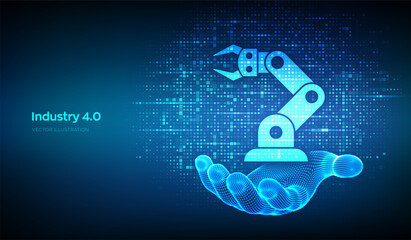 Smart Industry 4.0 icon made with binary code in wireframe hand. Factory automation. Autonomous industrial technology. Industrial revolutions steps. Matrix background with digits 1.0. Vector.