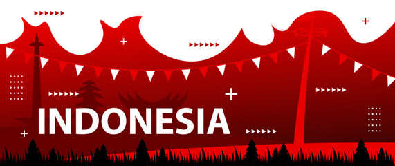Wall Mural - Indonesian national day banner with geometric abstract ornaments, complete with elements of the red and white flag, monas and Indonesian traditional houses