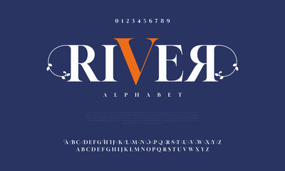 River creative vintage alphabet font. Digital abstract moslem, futuristic, fashion, sport, minimal technology typography. Simple numeric vector illustration