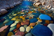 Colorful Rocks Form A Repeating Pattern On The Riverbed As Clear Water Flows Overtop. Generative AI