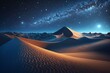 The empty desert has undulating dunes under a blue gradient starry night sky. Generative AI