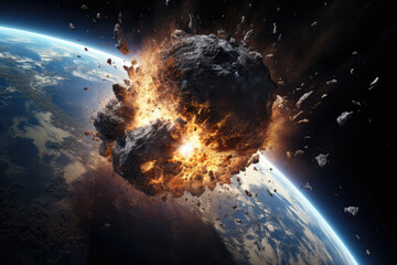 Wall Mural - View from Space to the Planet Into which a Huge Meteorite Crashes
