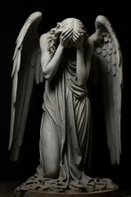 Weeping Angel Stone Statue Isolated On Black Background, Crying Sad Religious Symbol Of Grief Sculpture