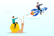 Businessman winner riding rocket, another on slow snail, boost fast speed to win business competition, high performance employee, competitive advantage winner, innovation or skill to success (Vector)