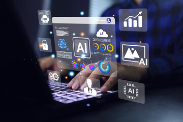 Businessman is using AI through his laptop computer in office to help him analyze data or generate virtual images and using big data as well as operating machines or information in the cyber system.