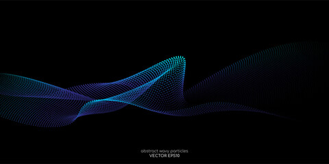 Wall Mural - Flowing dot particles wave pattern blue and green gradient light isolated on black background. Vector in concept of AI technology, science, music.