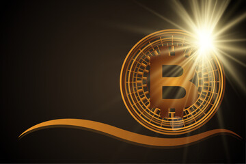 Glowing golden bitcoin currency digital economy and financial bit electronic symbol on dark background