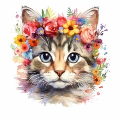  Watercolor illustration of a cute cat wearing a flower crown on its head