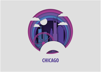 Wall Mural - USA United States Chicago creative paper cut layer craft vector illustration. Origami style Illinois state city skyline travel art in depth illusion