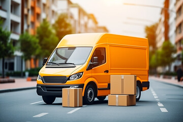 postwoman/postman with package in hand standing in front postal car. ai generativ.