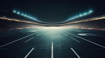 Asphalt racing track finish line and illuminated race sport stadium at night. Generative AI