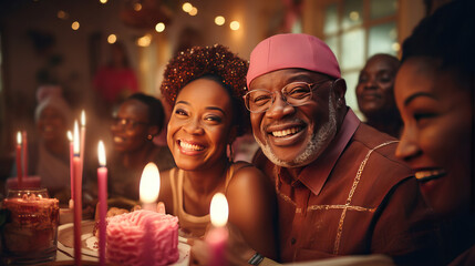 couple celebrating birthday.Joyful senior African woman and family blowing candles on birthday cake,  with her husband, celebrating her birthday.cozy mood and pastel theme.