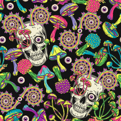 Wall Mural - Pattern with human skull, colorful mushrooms, purple eyeballs. Skull with curled fractal horns. Concept of madness and craziness. Surreal illustration for groovy, hippie, mystical, psychedelic design