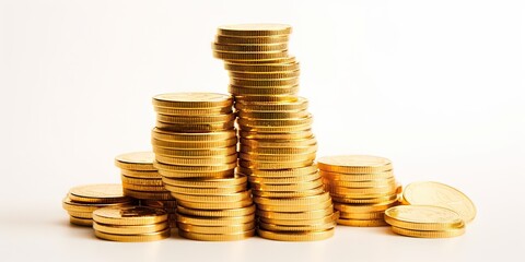 Business concept. Pile of currency for financial investment. Economy and finance. Stack of golden coins on white background