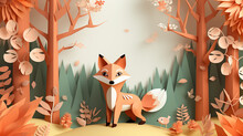 Cute Fox In The Wood With Paper Art Style Pastel Illustration. Generative AI