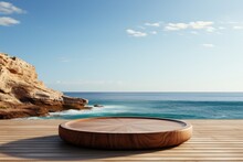 Wooden Podium For Display Product, Placed On A Pristine White Beach, With The Serene Ocean Backdrop Enhancing The Product's Simplicity. Generative AI