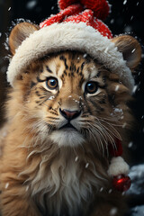 Aufkleber - A whimsical Christmas background featuring cute Lion wearing Santa hats and scarves.  Generative AI technology.