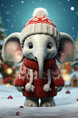 Poster - A whimsical Christmas background featuring cute Elephant wearing Santa hats and scarves.  Generative AI technology.