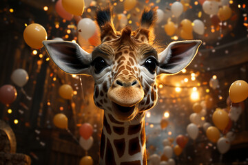 Wall Mural - A whimsical New Year background with cute Giraffe celebrating in festive outfits. Generative AI technology.
