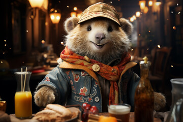 Poster - A whimsical New Year background with cute Bear celebrating in festive outfits. Generative AI technology.
