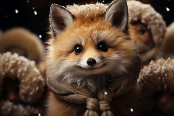 Poster - A whimsical Christmas background featuring cute Fox wearing Santa hats and scarves.  Generative AI technology.