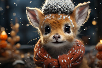 Poster - A whimsical Christmas background featuring cute Deer wearing Santa hats and scarves.  Generative AI technology.