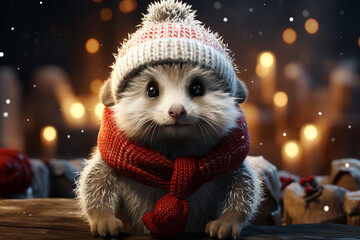 Poster - A whimsical Christmas background featuring cute Hedgehog wearing Santa hats and scarves.  Generative AI technology.