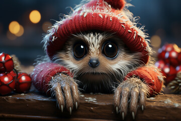 Aufkleber - A whimsical Christmas background featuring cute Spider wearing Santa hats and scarves.  Generative AI technology.