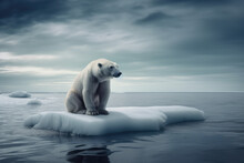 Ice Bear On Small Piece Of Ice, Ocean, Lonely. Global Warming Concept.