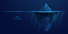 Digital Antarctic Iceberg In The Ocean In Futuristic Polygonal Style On Dark Blue Technology Background. Abstract Metaphor Of Big Data Or Hard Work To Success. Low Poly Wireframe Vector Illustration.