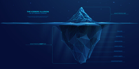 Poster - Abstract Iceberg illusion diagram. What people see and what is success hidden part of hard work. Low poly wireframe vector illustration on technology blue background.