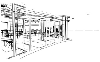 department store hall space line drawing Store page of products and services,3d rendering