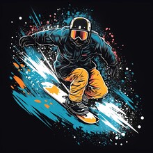 Snowboarding. Illustration Of A Jumping Snowboarder In Trendy Flat Style, Isolated On Black Background. Generative Ai