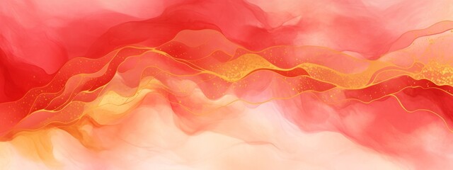 Aufkleber - Abstract watercolor paint background illustration web design - Red pastel color waves and gold lines, with liquid fluid marbled paper texture banner texture (Generative Ai)
