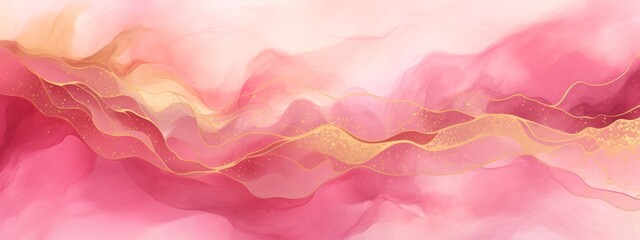Aufkleber - Abstract watercolor paint background illustration web design - Pink pastel color waves and gold lines, with liquid fluid marbled paper texture banner texture (Generative Ai)