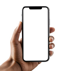 Man hand holding the smartphone with blank screen mockup, Cutout.
