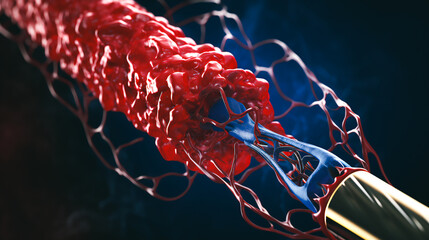 The image displays a close-up view of a stent retriever in action, positioned within a blood vessel to retrieve a clot